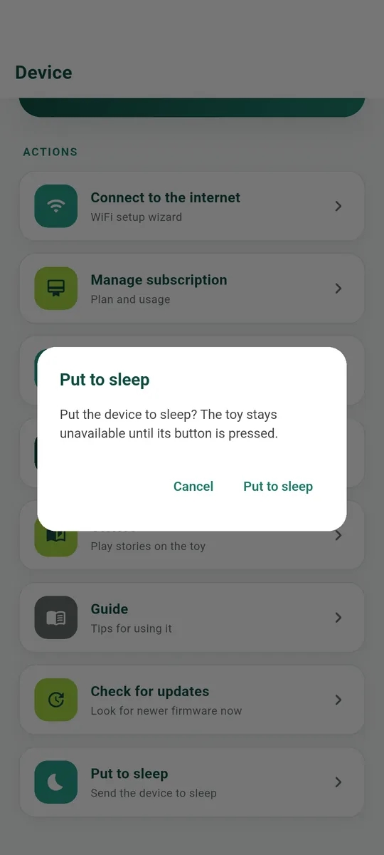 The confirmation before the toy is sent to sleep