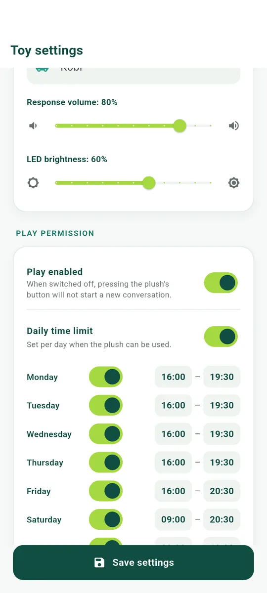 The response volume and LED brightness sliders