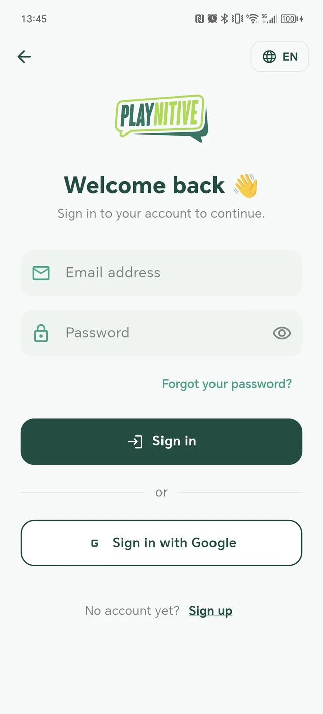 The sign-in and registration screen