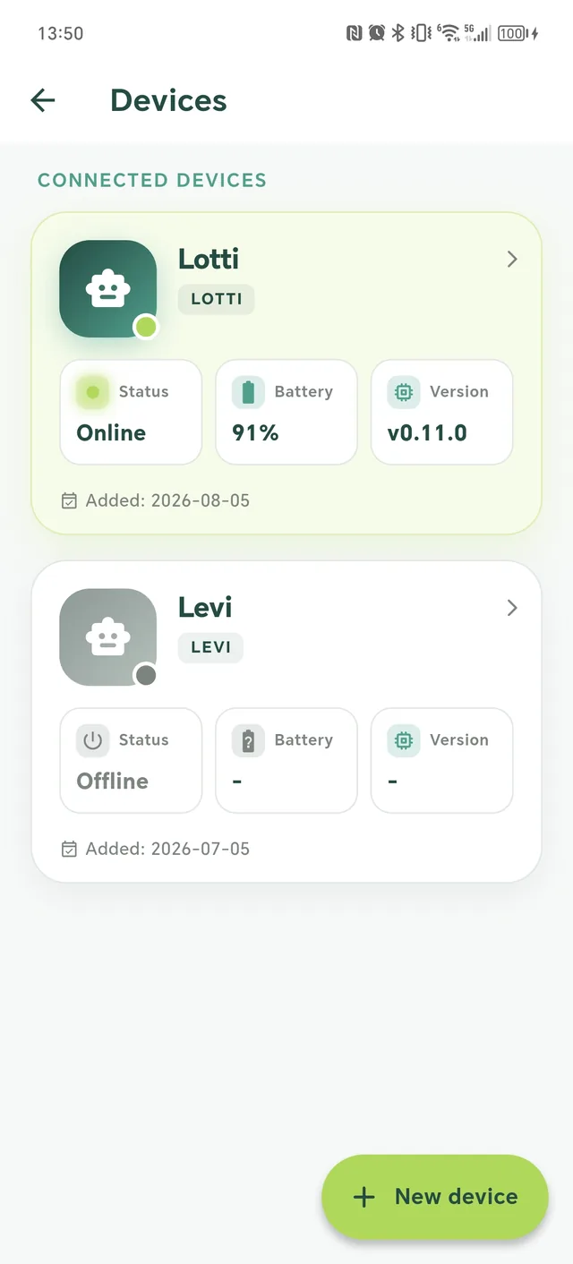 The device card showing the battery level