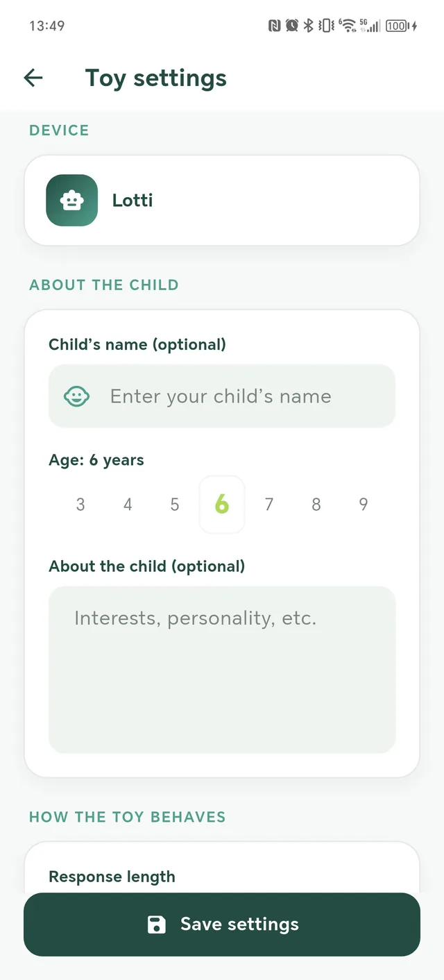 The profile settings screen
