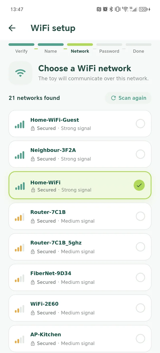 Choosing the home Wi-Fi network in the app