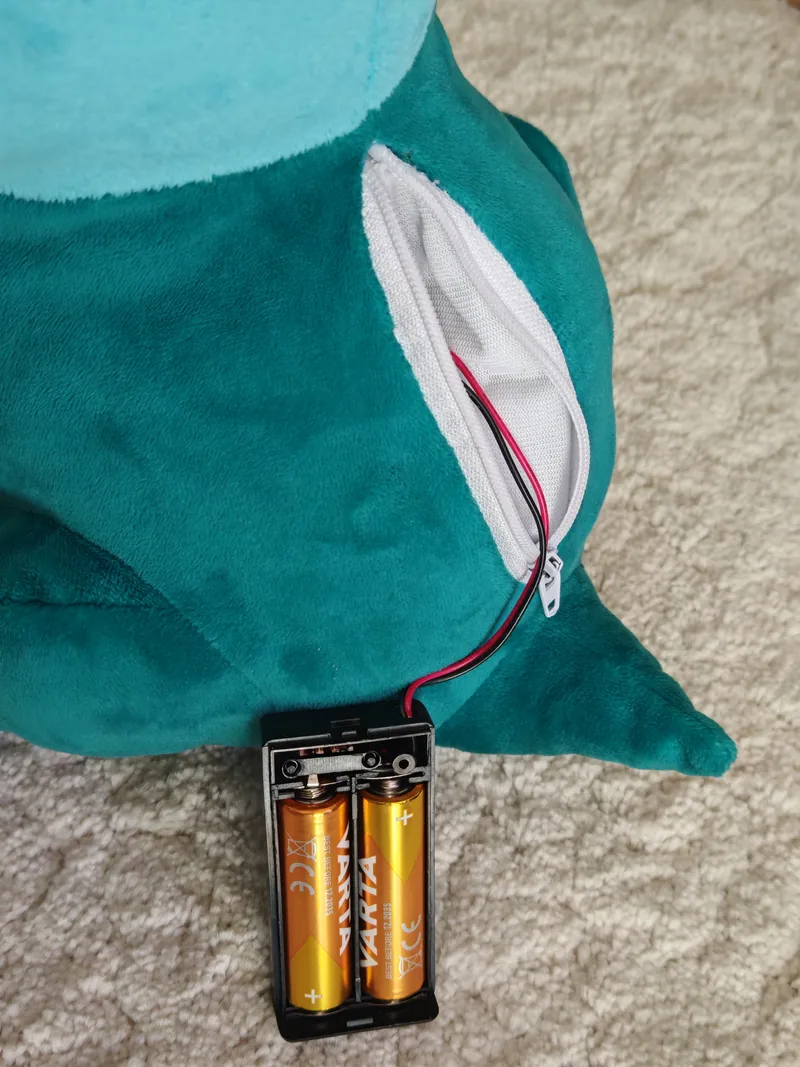 The open pocket and the battery holder, with the polarity markings visible